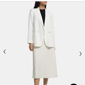 White stretch linen double breasted theory blazer